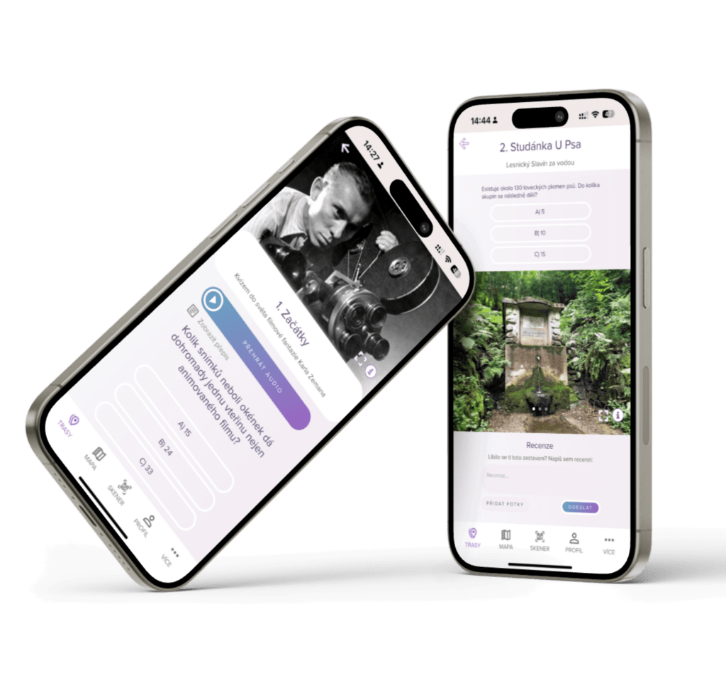 Ukázka z aplikace TourStories: detail obrazovky s informacemi o místě, přehrávačem audia a navigací k dalšímu zastavení.