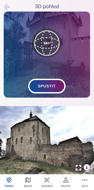 Ukázka z aplikace TourStories: detail obrazovky s tlačítkem pro spuštění 3D modelu v rozšířené realitě.